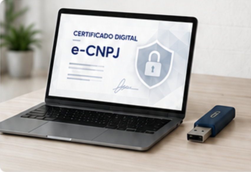 Notebook exibindo um certificado digital e-CNPJ com token