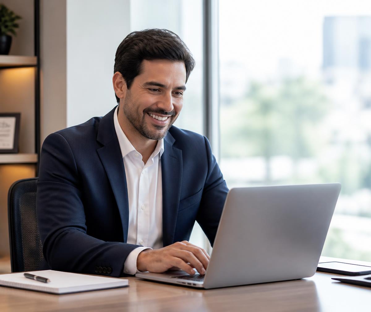 Empresário sorridente usando um notebook durante atendimento da Valor Digital